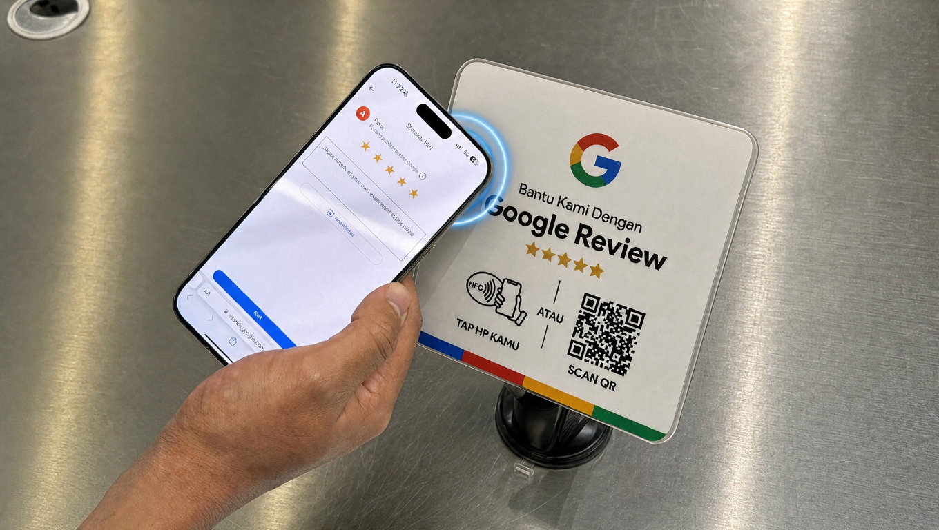 Pelanggan menempelkan HP ke kartu review